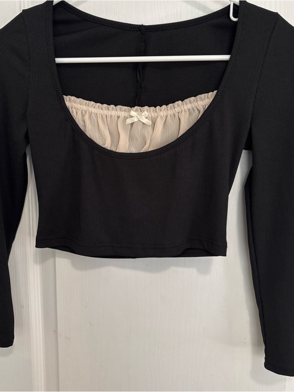 Black Long-Sleeve Scoop Neck Top with Cream Mesh Insert
